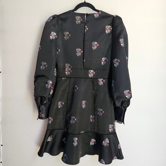 Joie Minia Black Satin Brocade Ruffle Mini Dress Size 2 Dark Floral Whimsigoth - Picture 2 of 11